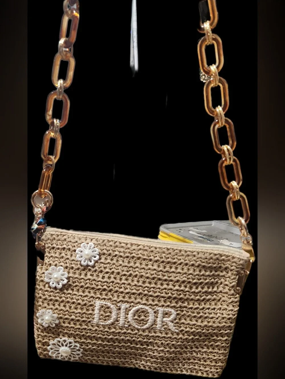 Dior Straw Crossbody Bag in Brown with Floral Embellishments
